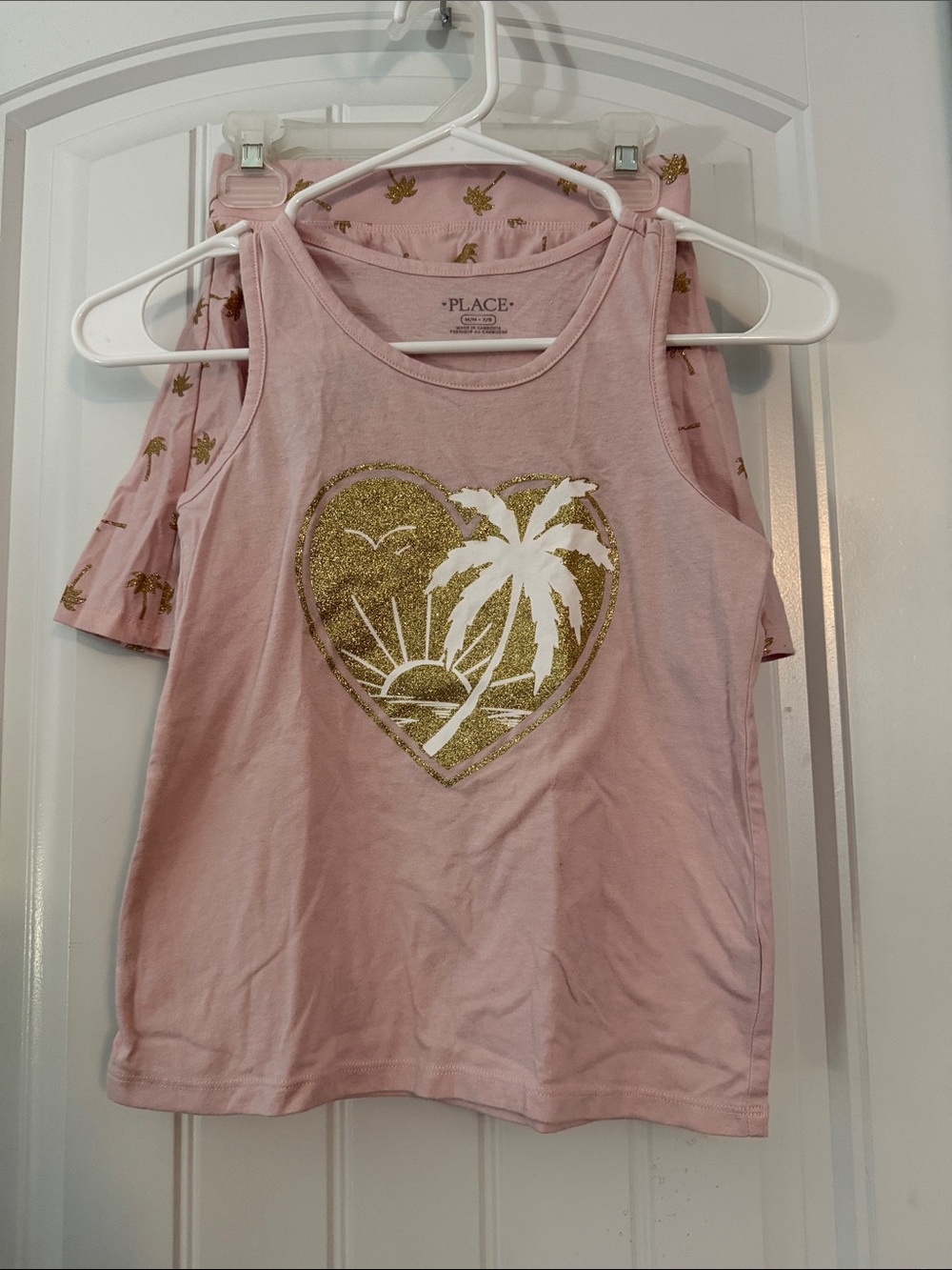 Gently worn Pink Tank Top with Gold Glitter Palm Heart with matching skort set